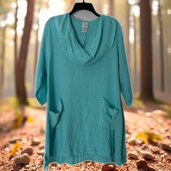 MatchPoint turquoise linen blend cowl neck tunic   L LAGENLOOK beachy minimalist - Picture 2 of 13